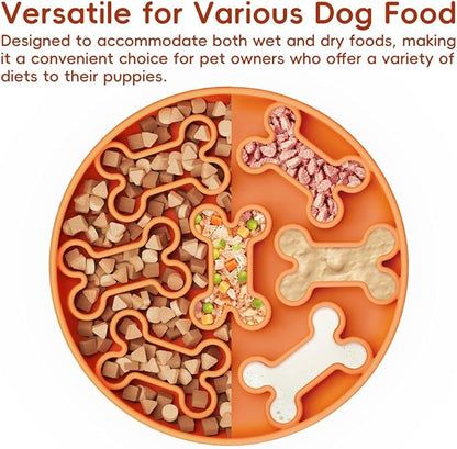 Silicone Slow Feeder Dog Bowl – Orange Bone Pattern | Food-Grade Non-Slip Dog Dish for Anti-Bloat, Fast Eating Prevention, 7.5” x 1.5”, Dishwasher Safe