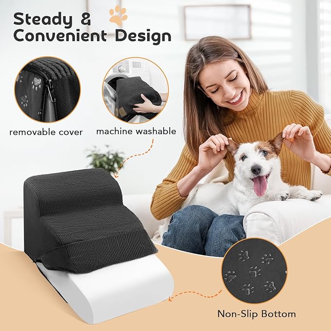 Mestuel Dog Stairs for Couch Bed Sofa, 3-Tiers Dog Stairs Ramp for Small Old Dogs Cats, Pet Stairs Steps with Gentle Slope &Non Slip Bottom/Machine Washable Cover, Black