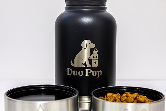 DuoPup 32oz Insulated Stainless Steel Pet Water & Food Bottle – Portable Leak-Resistant Dispenser with Two Detachable Bowls & Carrying Strap – Travel, Hiking & Outdoor Pet Hydration – Dark Green