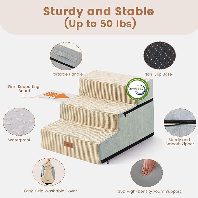 Gardner Pet Dog Stairs for Small Dogs 14" H, 3-Step Extra Wide Dog Steps for Bed, Pet Stairs for Bed and Couch with Durable Non-Slip Waterproof Fabric Cover and Soft Foam, Beige