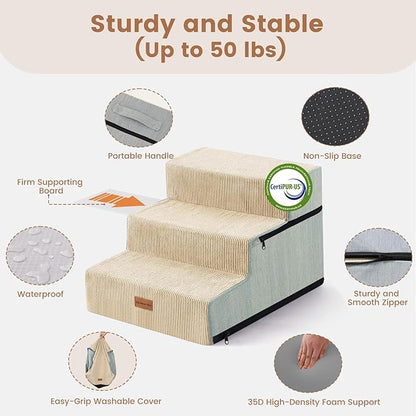Gardner Pet Dog Stairs for Small Dogs 14" H, 3-Step Extra Wide Dog Steps for Bed, Pet Stairs for Bed and Couch with Durable Non-Slip Waterproof Fabric Cover and Soft Foam, Beige