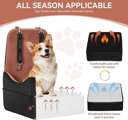 PETSFIT Dog Car Seat for Small/Medium Dogs Up to 35 lbs – Patented Safety System, 6" Memory Foam Pet Booster Car Seat, Fully Detachable and Washable Dog Carseat with 2 Storage Pockets (Black/Brown)
