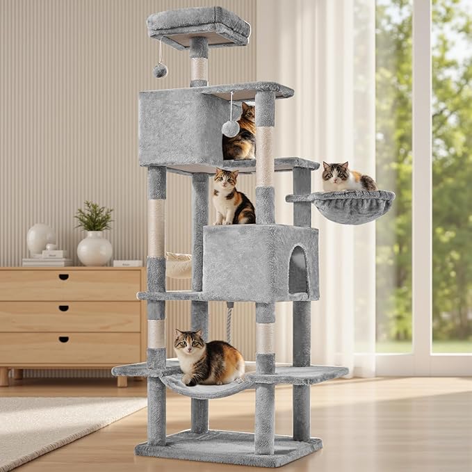 DUMOS Large 66 Inch Cat Tree Tower, Tall Multi Level Cat Climbing Tower with Natural Sisal Scratching Posts, Hammock, Pet Condo for Indoor Cats and Kittens Play, Grey