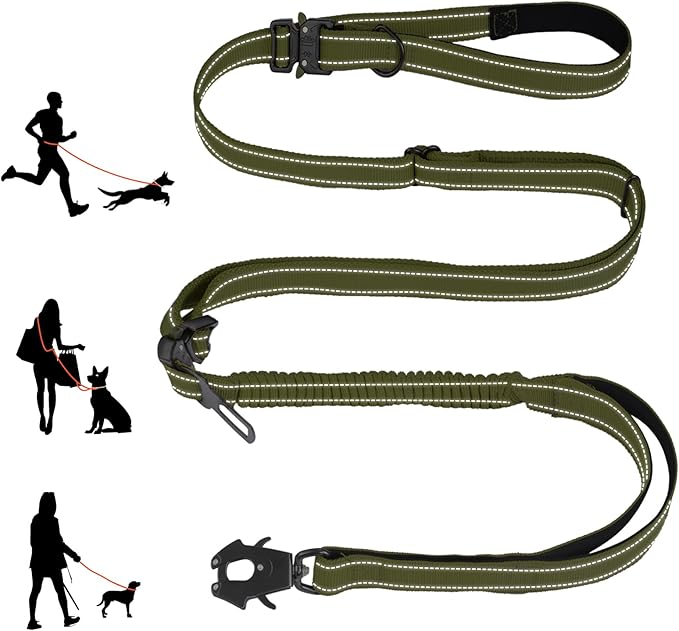 Detachable Heavy Duty Tactical Dog Leash, 9.7FT Hand-Free Bungee Shock Absorption Leash with Padded Handle Quick Release Metal Clip Car Seatbelt No Pull Training Lead for Large Medium Dogs (Green)