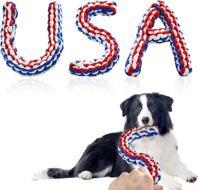 Vehomy 3-Pack Independence Day Dog Cotton Rope Toys - U S A Shape, American Flag Colors, Durable Cotton Rope, Chew & Dental Health, Medium Dogs