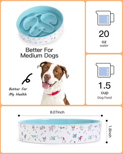 Slow Feeder Dog Bowl, Ceramic Dog Bowls 1.5 Cup Puzzle Feeder - Stops Fast Eating, Prevents Bloat, Choking & Black Chin for Medium/Large Dogs, Blue