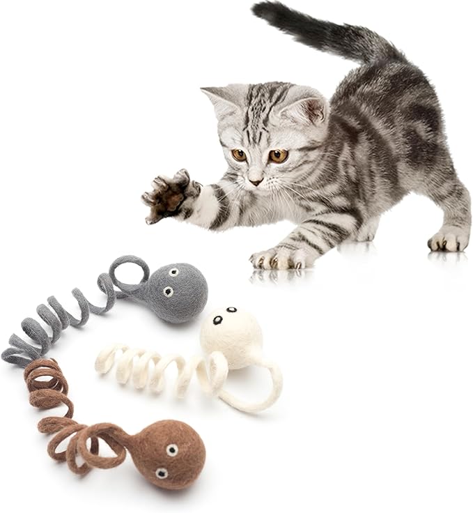 Glaciart One Felt Spring Cat Toy – 3 Pcs Soft Fuzzy Enrichment 100% Natural Wool - Interactive Stretchable Play Set - Safe for Pets, Non-AZO Colored Dyes - 4” Long