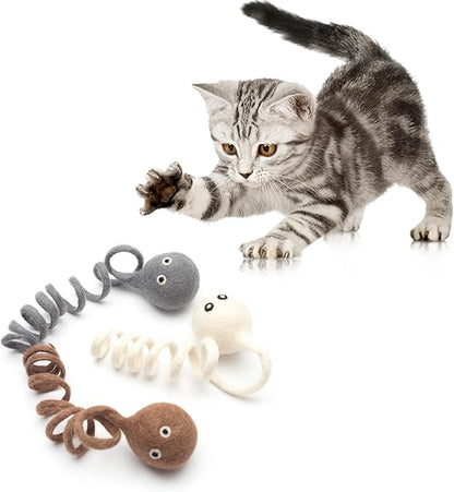 Glaciart One Felt Spring Cat Toy – 3 Pcs Soft Fuzzy Enrichment 100% Natural Wool - Interactive Stretchable Play Set - Safe for Pets, Non-AZO Colored Dyes - 4” Long