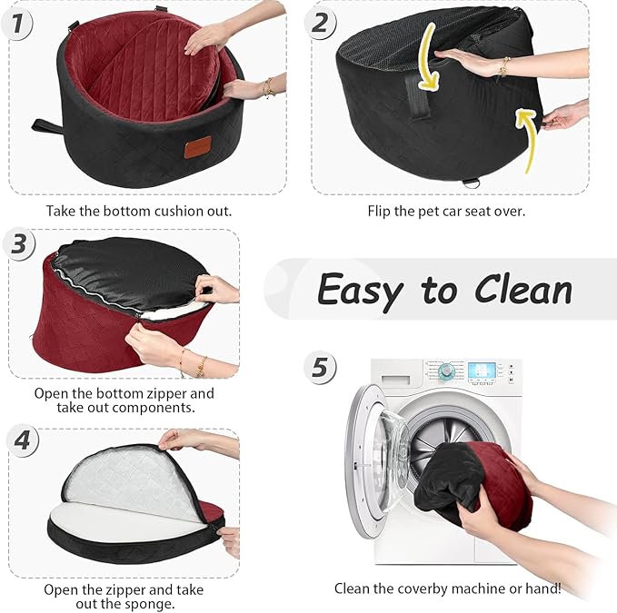 Lealchum Dog Car Seat for Small Dogs Up to 30 Lbs,Ultra Soft Fabric Fill in Comfy Memory Foam,Happy Pet Ride,2 Safety Dog Leashes,Fully Detachable and Washable,Anti Slip Base(Black/Red)