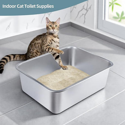 Stainless Steel Cat Litter Box - Large Metal High-Sided Pan for Cats, Pets, Non-Stick, Odor-Free, Easy to Clean, Splash-Proof, Durable (23.6" L x 15.8" W x 6" H)