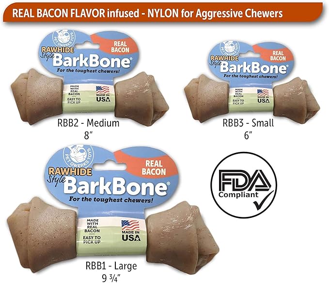 Pet Qwerks Nylon Rawhide BarkBone - Durable Dog Toys for Moderate & Aggressive Chewers - Infused Bacon Flavor - 9.75"