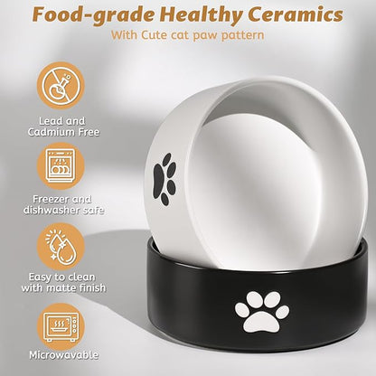 Dog Bowls, Non Slip Heavy Ceramic Dog Food and Water Bowl, Pet Feeding Bowl for Cats, Puppies and Small Dogs (2 Bowls+ 1 Stand-Black and White, 5.1 Inches)