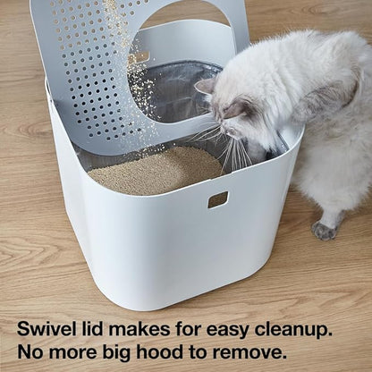 Modkat Top-Entry Litter Box - Reduces Litter Tracking, Swivel Lid for Easy Cleaning, Leak-Proof, Dog Proof - Includes Scoop & Reusable Liner White