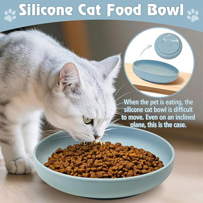 BNOSDM Silicone Cat Bowl Non-Slip Cat Food Plate Flat Dog Bowls with Suction Cup Shallow Puppy Food and Water Dish for Small and Medium Pets (Gray-Blue)