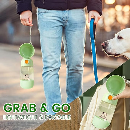 Dog Water Bottle with Food Container, 2-in-1 Cat & Small Dog Water Bottle Portable for Walking, Hiking, Travel - Green