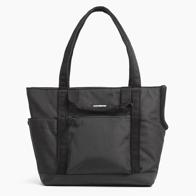 CLEVERPUP Transit Tote Dog Carrier for Small/Medium Dogs 8-20 lbs, 19x12x9 Soft-Sided 4-Pc Set with Waterproof Base, Plush Insert, Food Pouch, Mesh Head Opening - Medium, Graphite