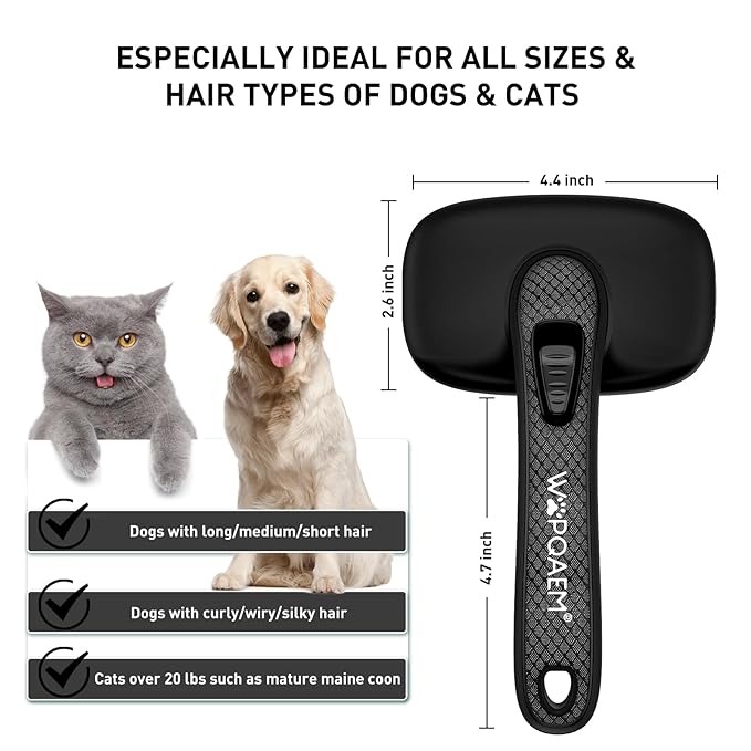 Self Cleaning Slicker Brush for Dog, Cat, Skin Friendly Shedding & Grooming Tool for Long and Short Haired Pets, Easy Clean Retractable Bristles, Black