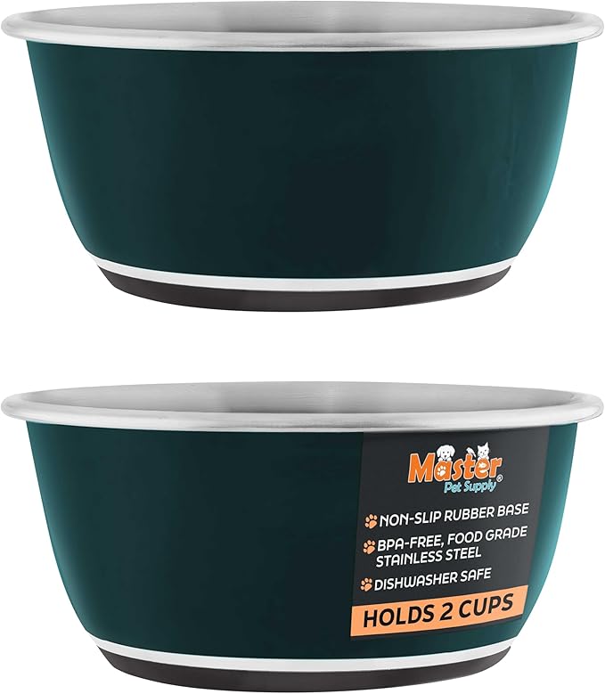 Master Pet Supply Stainless Steel Dog Bowls Set of 2 (16 Oz Each) with Non-Slip Rubber Base - Emerald Sea - Basic Dog Food Bowl Water & Food Bowls for Small Medium Large Dogs & Cats, Metal Dish