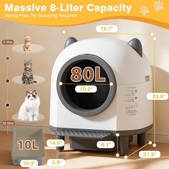 Self-Cleaning Automatic Litter Box with 80L Large Capacity for Multiple Cats, Features Odor-Free Waste Disposal, Safety Sensor, App Control via 2.4 GHz Wi-Fi, Includes 2 Roll Garbage Bags