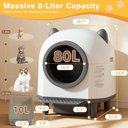 Self-Cleaning Automatic Litter Box with 80L Large Capacity for Multiple Cats, Features Odor-Free Waste Disposal, Safety Sensor, App Control via 2.4 GHz Wi-Fi, Includes 2 Roll Garbage Bags