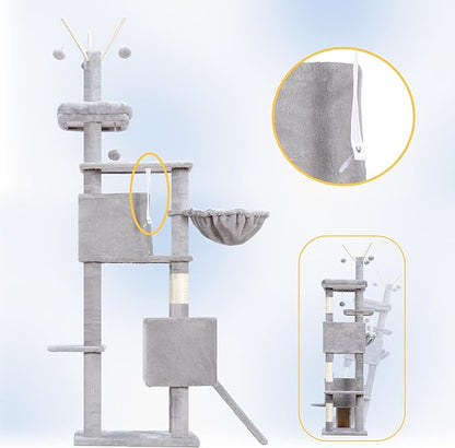 Hey-brother Cat Tree Tower, Sturdy Scratching Posts with Platform, Large Condos, Hammock, Removable Toys, Scratch Board, Multi-Level Furniture for Indoor Cats, 59.0 or 72.8 Inches, Light Gray MPJ055W