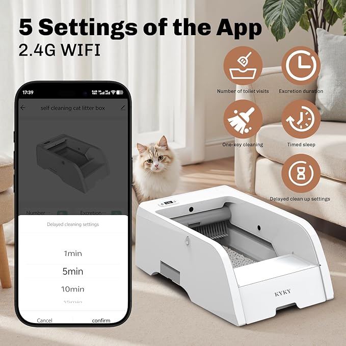 Self Cleaning Litter Box, Upgraded Automatic Cat Litter Box Self Cleaning with APP Control, Large Open Design for Single/Multiple Cats, Anti Pinch and Odorless（with Canopy）