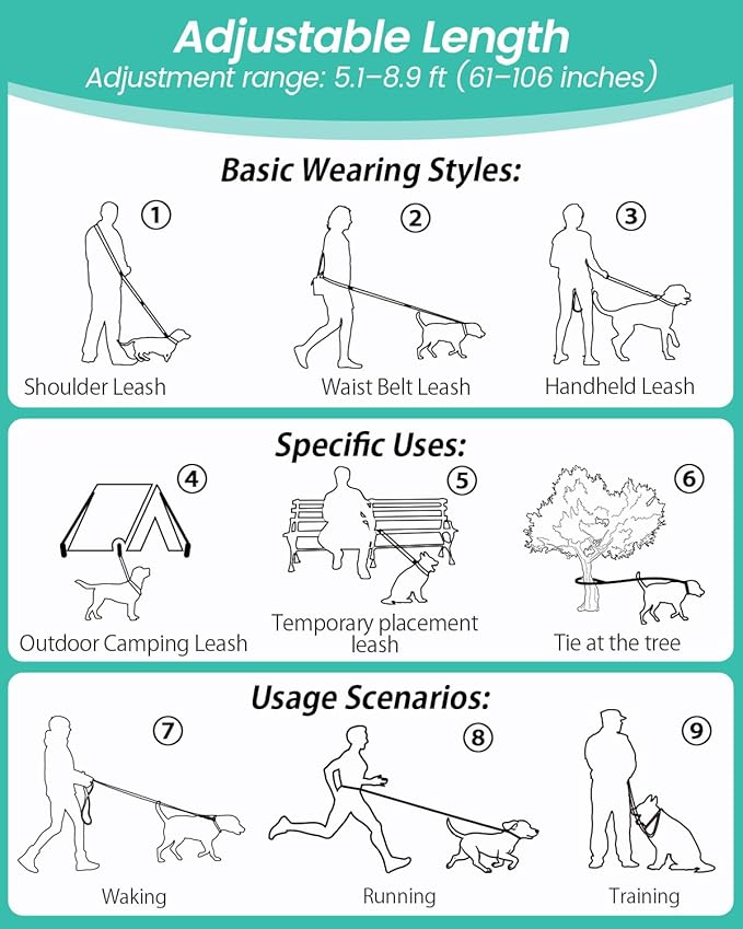 Hands Free Dog Leash, 5.1-8.9Ft Crossbody Long Leash, Waist Dog Belt for Small & Medium Dogs, City Walking & Running Outdoor Hiking &Travel etc. (Grey Green)