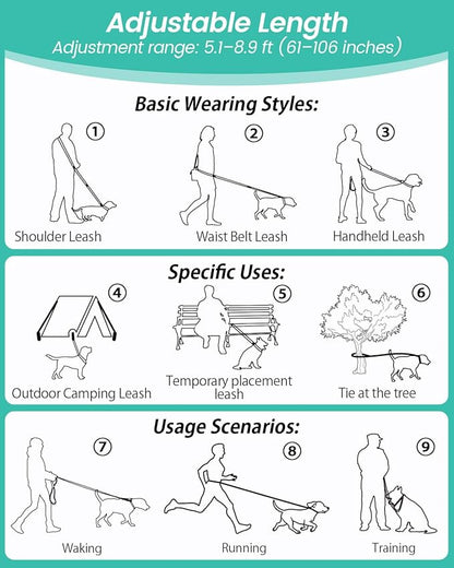 Hands Free Dog Leash, 5.1-8.9Ft Crossbody Long Leash, Waist Dog Belt for Small & Medium Dogs, City Walking & Running Outdoor Hiking &Travel etc. (Grey Green)