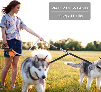 Dual Retractable Dog Leash for Large Dogs (Up to 110 Lbs Each) - Double Headed 16 ft Extendable Pet Leash with Poop Bags, Non Slip Grip - One Button Break & Lock, 360 Tangle-Free (Blue, Large)