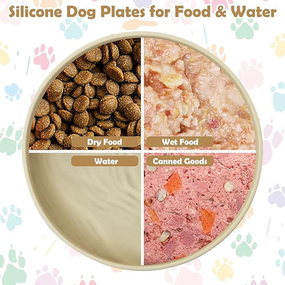 Silicone Dog Bowl Set of 2 Flat Puppy Food & Water Dish Less Mess Cat Dry Food Plates with Suction Cup Non-Tippable Feeding Bowls for Small & Medium-Sized Pets (Round Beige)