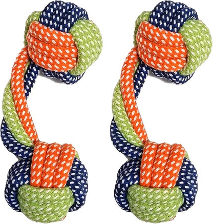 Cotton Rope Dog/Cat Toy, Dumbbell Style Chew Toy, Multicolor Handmade Braided Chew Toy for Dogs/Cats, Tough Dental Knot (2-Piece Set)