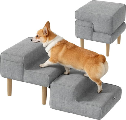 PakaLife Dog Ramp Ottoman,2-in-1 Dog Steps for Bed&Couch,Foldable Solid Wood Pet Ramps&Dog Stairs for Small, Senior Dogs & Old Cats to get on Bed,Washable Cover,135lb Capacity