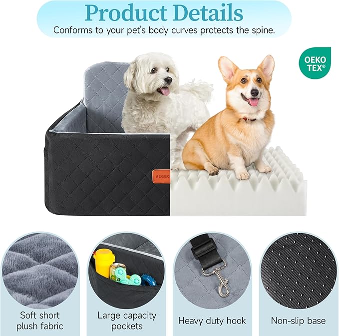 HEGGCOOE Dog Car Seat for Medium/Large Dogs, Pet Booster Seat for Up to 55 lbs or 2 Small Dogs, Detachable & Washable Dog Car Bed for Backseat with 2 Safety Leashes (Black/Grey)