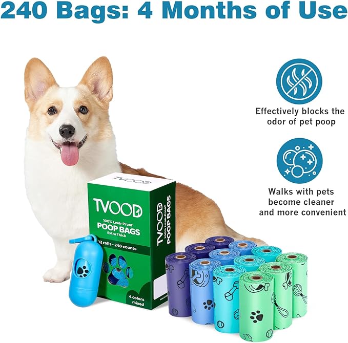 Doggie Poop Bag Rolls: 240 Count Extra Thick Strong Leak Proof Dog Waste Bags with Dispenser | Unscented - Blue