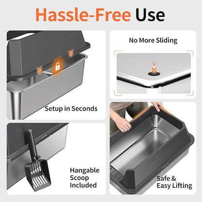 Stainless Steel Litter Box with High Sides, XL High Sided Cat Litter Pan, Open Top Extra Large Metal Cat Litter Box, Non-Stick, Odor Free, Leakproof, Scoop Included, Gray