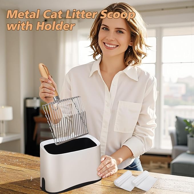Metal Cat Litter Scoop with Holder, Poop Scooper with Stand&2 Rolls of Garbage Bag, Heavy Duty Stainless Steel Shovel with Wooden, Kitty Quick Sifter for Easy