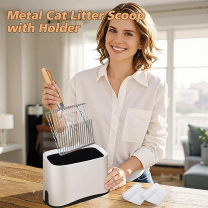 Metal Cat Litter Scoop with Holder, Poop Scooper with Stand&2 Rolls of Garbage Bag, Heavy Duty Stainless Steel Shovel with Wooden, Kitty Quick Sifter for Easy