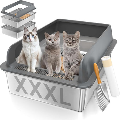 XXXL Stainless Steel Sifting Litter Box with Lid, 28'' L × 20'' W Extra Large Sifting Cat Litter Box for Pine Pellets & Big Cats & Multiple Cats, Metal Pellet Sifter Litter Pan System for Odor Control