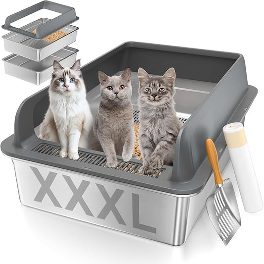 XXXL Stainless Steel Sifting Litter Box with Lid, 28'' L × 20'' W Extra Large Sifting Cat Litter Box for Pine Pellets & Big Cats & Multiple Cats, Metal Pellet Sifter Litter Pan System for Odor Control