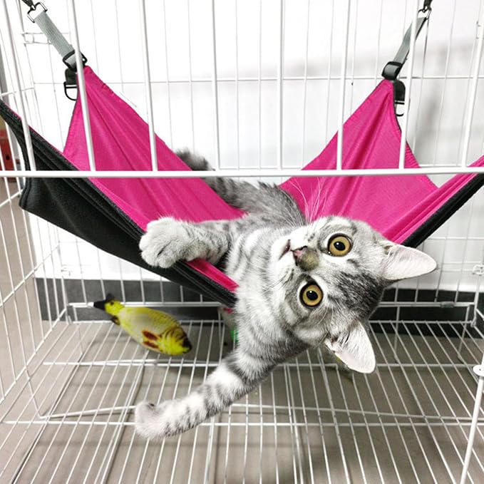 Adjustable Cage Hanging Cat Hammock, 4-Season 2-Sided Bed, Adjustable Waterproof Washable Cooling Mat for Large Kittens,Small Dogs & Rabbits (Rose Pink)
