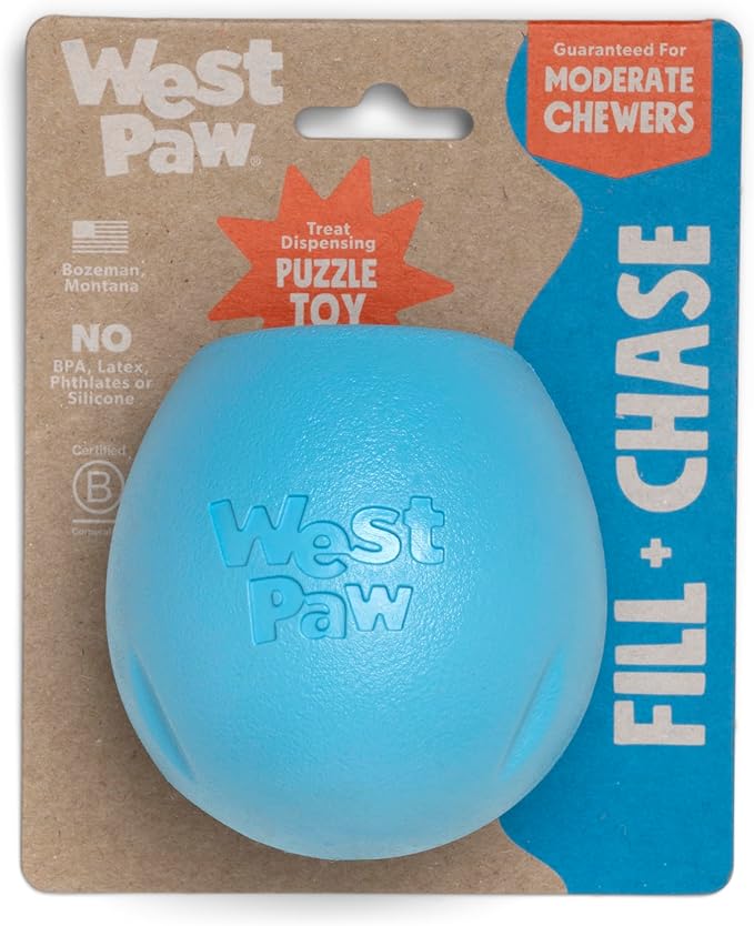 WEST PAW Zogoflex Rumbl Treat-Dispensing Dog Toy – Interactive Slow-Feeder Chew Toys for Dogs – Dog Enrichment Toy – Dog Toy for Moderate Chewers, Fetch, Catch – Holds Kibble Treats (Aqua Blue, Small)