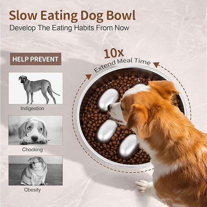 Slow Feeder Dog Bowls Stainless Steel with Non-Slip Silicone Base Metal Bowl 2 Cups Heavy Duty Large Capacity Slow Feed for Small, Medium, Large Breed Dogs to Slow Down Eating