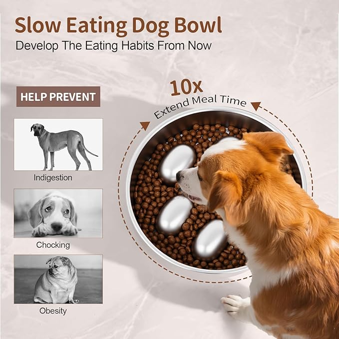 Slow Feeder Dog Bowls Stainless Steel with Non-Slip Silicone Pad Metal Bowl 2 Cups Heavy Duty Large Capacity Slow Feed for Small, Medium, Large Breed Dogs to Slow Down Eating