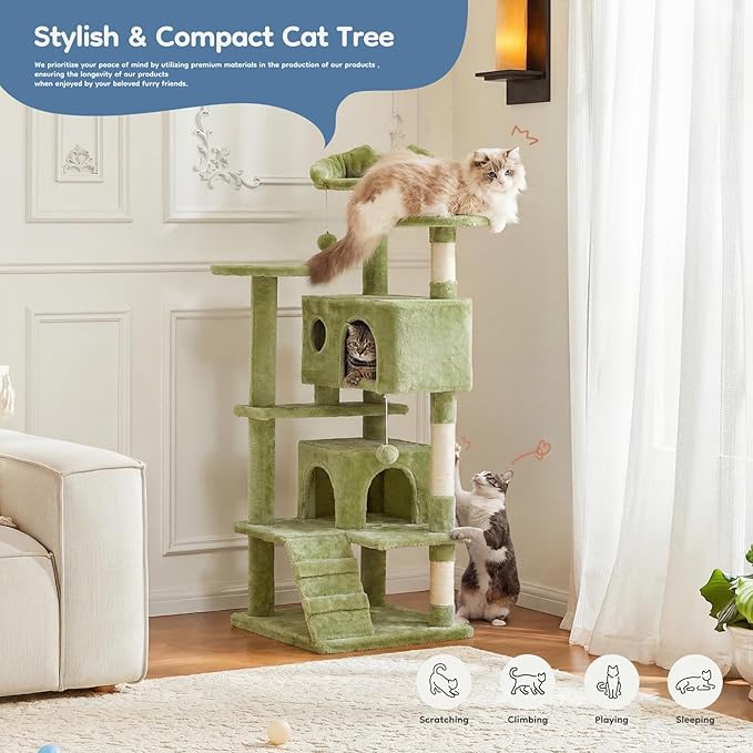 DUMOS 54-inch Indoor Cat Tree Tower –Multi-Level Pet House for Large Cats with 2 Condos, Scratching Posts, Round Platform, Small Ladder, and Toys, Green
