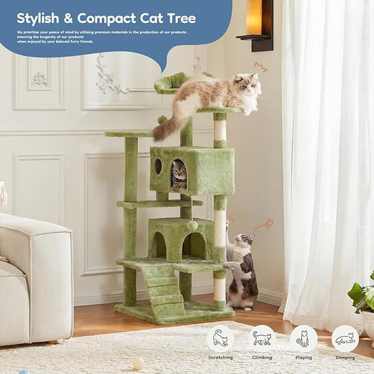 DUMOS 54-inch Indoor Cat Tree Tower –Multi-Level Pet House for Large Cats with 2 Condos, Scratching Posts, Round Platform, Small Ladder, and Toys, Green