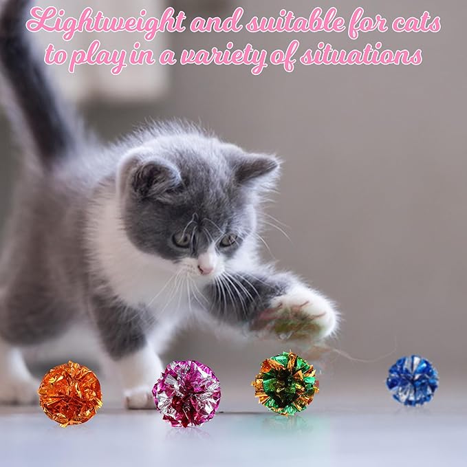 Cat Crinkle Toys, 10 PCS Crinkle Balls for Cats 1.8'' Cat Ball Toy Shiny Ball Lightweight Mylar Pet Pounce Chase Toys Assorted Color Interactive Toy for Indoor Cats to Kill Time and Keep Fit