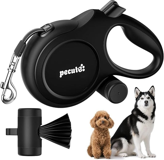 Pecute 26ft Retractable Dog Leash, Heavy Duty Retractable Pet Leash with Poop Bag Holder, Anti-Slip Soft Grip, Reflective Dog Leashes for Medium Dogs Large Dogs 33lbs-110lbs(Black)