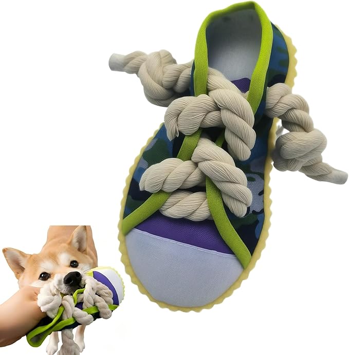 Interactive Squeaky Dog Toy with Jingle Bell - Shoe-Shaped Chew Toy for Puppy Teething, Thickened Laces for Small and Medium Breeds Tug-of-War, Not for Aggressive Chewers (Yello Edge)
