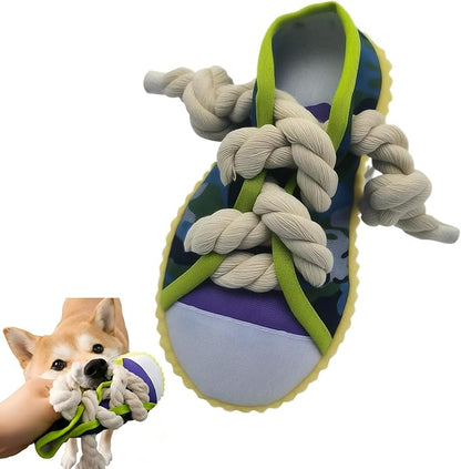 Interactive Squeaky Dog Toy with Jingle Bell - Shoe-Shaped Chew Toy for Puppy Teething, Thickened Laces for Small and Medium Breeds Tug-of-War, Not for Aggressive Chewers (Yello Edge)
