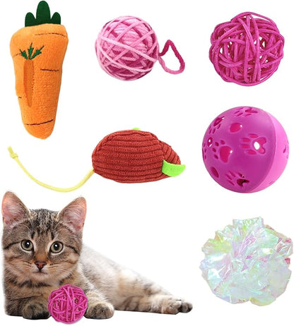 Andiker 6Pcs Cat Toy Pack, Cats Toy Set with Crinkle Balls, Pet Bell Balls, Pet Mouse Toy and Rattan Ball Stimulate Cats Hunting and Chasing Instincts Interactive Kitten Toys for Indoor Cat (Pink)